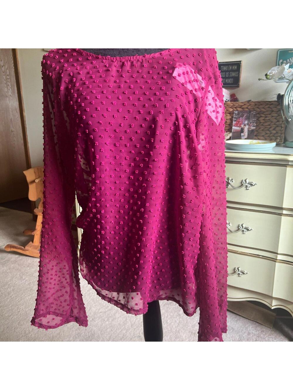 Plus size transparent Wine long sleeve top with polka dot